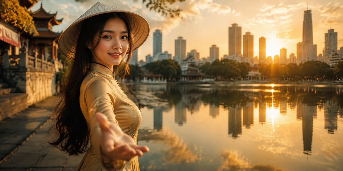 Khung cảnh Hà Nội với nón lá và người dùng theo dõi thông tin trận đấu
